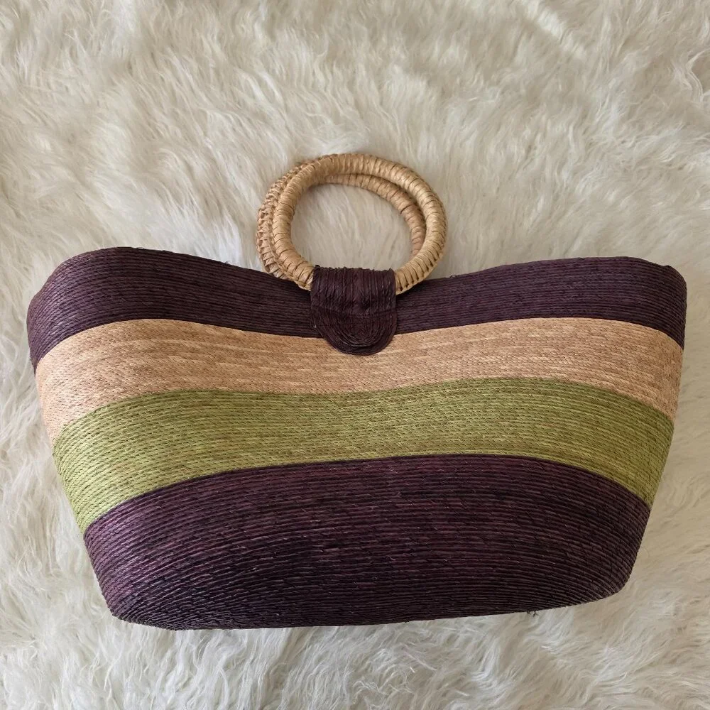 Bohemian Straw Bag Tote Large Colorblock Raffia Resortwear Vacation Beach